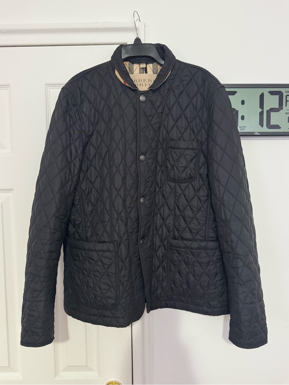 Burberry Black Quilted Lightweight Jacket with Check Collar Trim